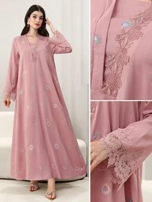 Yasmyna 女士刺绣宽松优雅喇叭下摆长袖连衣裙 - 粉色 - 查看 10