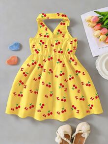 SHEIN Elladie kids 女童夏季新款時尚 Polo 領掛脖露背收腰甜美度假風洋裝，小女孩正式度假洋裝 黃色 - 黃色 - 查看 2
