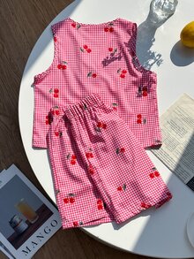 SHEIN Tween Girls 2pcs/Set Red And White Gingham Tank Top, Fitted Soft, Summer, Casual Cute 80s, Outfit, Holiday Matching Family Trip Cheer - Multicolor - View 5