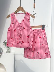 SHEIN Tween Girls 2pcs/Set Red And White Gingham Tank Top, Fitted Soft, Summer, Casual Cute 80s, Outfit, Holiday Matching Family Trip Cheer - Multicolor - View 8