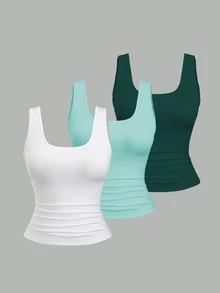 Flirla Plus Size Women Summer Short Square Neck Pleated Casual Tank Top - Multicolor - View 1