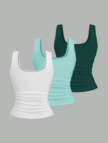 Flirla Plus Size Women Summer Short Square Neck Pleated Casual Tank Top - Multicolor - View 2