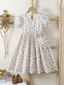 SHEIN Girls Cute Floral Bow Lace Ruffle Trim Dress, Suitable For Daily Outings, Travel And Vacation - Multicolor - View 2