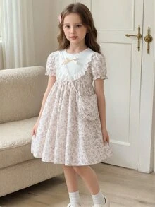 SHEIN Girls Cute Floral Bow Lace Ruffle Trim Dress, Suitable For Daily Outings, Travel And Vacation - Multicolor - View 8