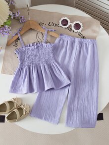 SHEIN Baby Girl Solid Color Woven Camisole And Elastic Waist Pants Set - Purple - View 3