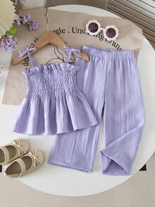 SHEIN Baby Girl Solid Color Woven Camisole And Elastic Waist Pants Set - Purple - View 2