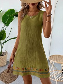 SHEIN LUNE 夏季休闲沙滩度假亚麻质感杏色无袖连衣裙（女款） - 綠色 - 查看 6