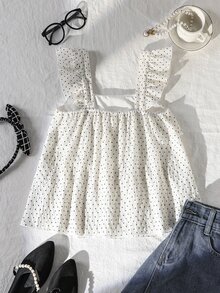 SHEIN 少女休閒可愛白黑波點上衣，柔軟設計，適合夏季度假、旅行、學校假期穿搭，舒適，生日快樂 - 白色 - 查看 3