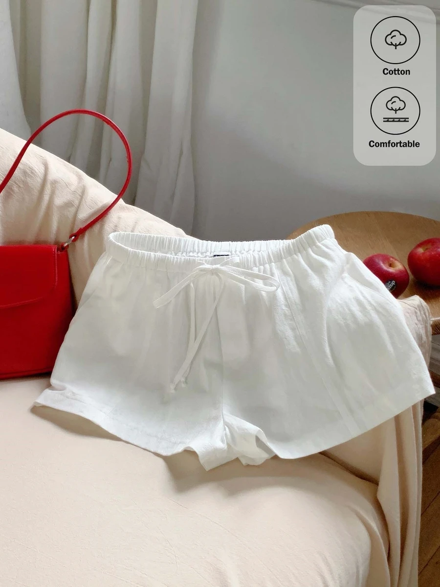 Comfortcana Women Casual Loose Drawstring Solid Color Shorts, Versatile For Everyday Wear White Linen Shorts Lounge Summer - White - View 1
