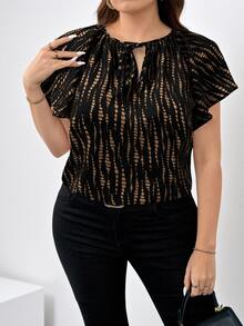Chikora 大尺碼女款圓領鏤空休閒優雅百搭日常穿著短袖襯衫 辦公正式黑色夏季 - 彩色 - 查看 3