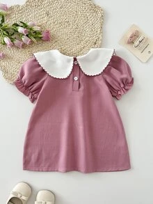 SHEIN 女嬰花卉刺繡拼接彼得潘領短袖泡泡袖可愛仙女洋裝 生日節日粉色夏季 - 淺粉色 - 查看 3