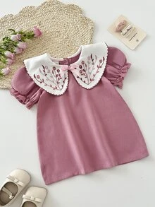 SHEIN 女嬰花卉刺繡拼接彼得潘領短袖泡泡袖可愛仙女洋裝 生日節日粉色夏季 - 淺粉色 - 查看 8