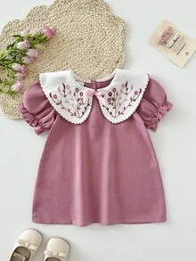 SHEIN 女嬰花卉刺繡拼接彼得潘領短袖泡泡袖可愛仙女洋裝 生日節日粉色夏季 - 淺粉色 - 查看 7