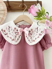SHEIN 女嬰花卉刺繡拼接彼得潘領短袖泡泡袖可愛仙女洋裝 生日節日粉色夏季 - 淺粉色 - 查看 9