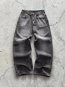 Modcrash 1 buah Celana Jeans Justice Brother Vintage Washed Loose Fit Wide Leg, Gaya Kasual & Pasangan (Hem Rusak), Potongan Longgar, Jeans Ukuran Besar - Grey - View 1