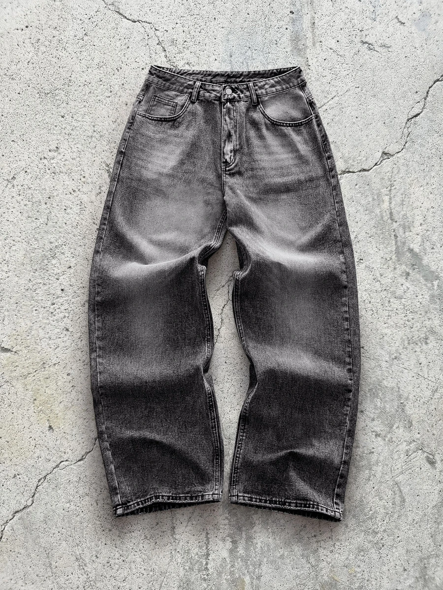 Modcrash 1 buah Celana Jeans Justice Brother Vintage Washed Loose Fit Wide Leg, Gaya Kasual & Pasangan (Hem Rusak), Potongan Longgar, Jeans Ukuran Besar - Grey - View 1