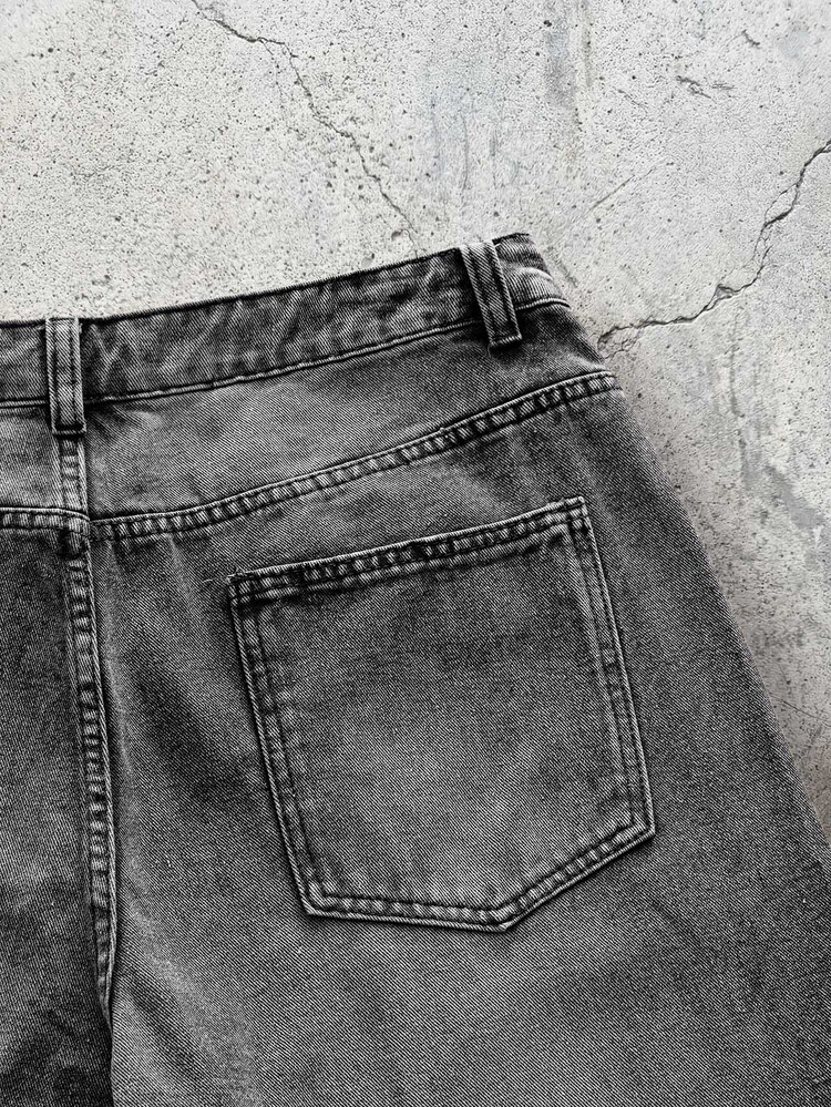 Modcrash 1 buah Celana Jeans Justice Brother Vintage Washed Loose Fit Wide Leg, Gaya Kasual & Pasangan (Hem Rusak), Potongan Longgar, Jeans Ukuran Besar - Grey - View 5