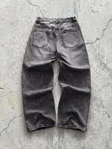 Modcrash 1 buah Celana Jeans Justice Brother Vintage Washed Loose Fit Wide Leg, Gaya Kasual & Pasangan (Hem Rusak), Potongan Longgar, Jeans Ukuran Besar - Grey - View 2