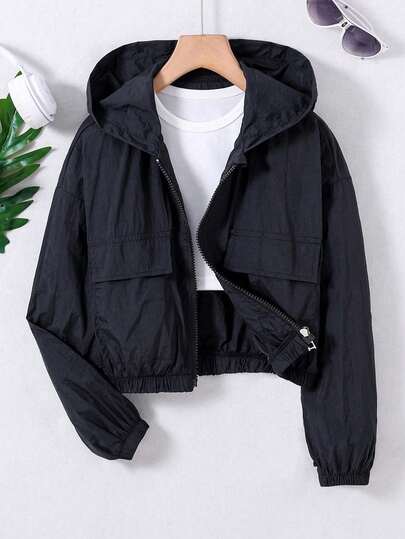SHEIN Tween Girl Long Sleeve Hooded Drop Shoulder Black Jacket Halloween Autumn Fall