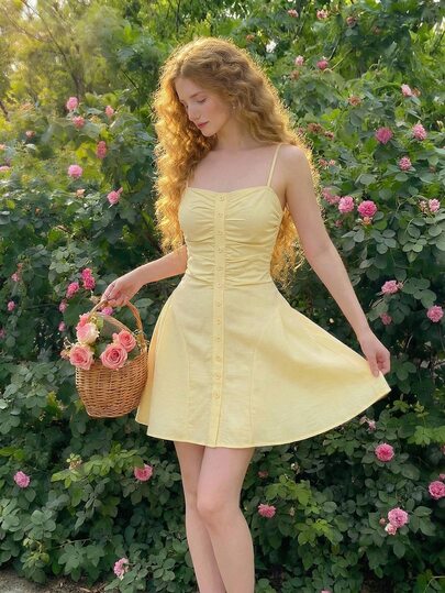 Skyraze Women's Buttoned Decor Camisole Mini Dress,Pale Yellow Elegant French Brunch Vacation Summer Outfit,Tea Party Prom Birthday Graduation Wedding Holiday