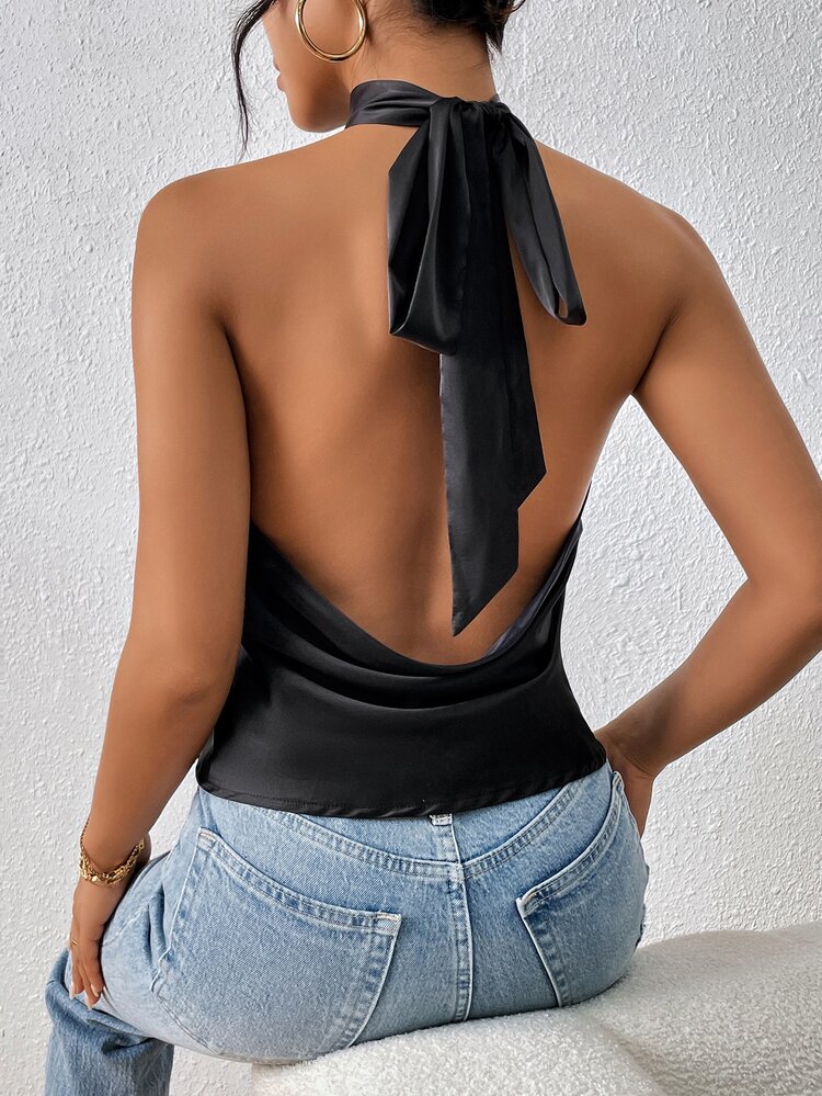 Firerie Women's Elegant Satin Draped Tie Backless Halter Top,Going Out Top, Going Out Tops For Women ,Elegant Blouses For Women,Sexy Top Women - Black - View 2