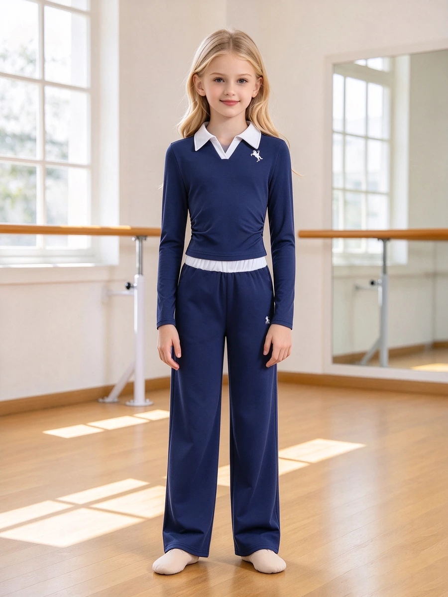 Tween Girls Fall Outfits Fall Tops 2pcs/Set Navy Blue Back-To-School Autumn Casual Korean School Printed Knit Short Sweater Elastic S...