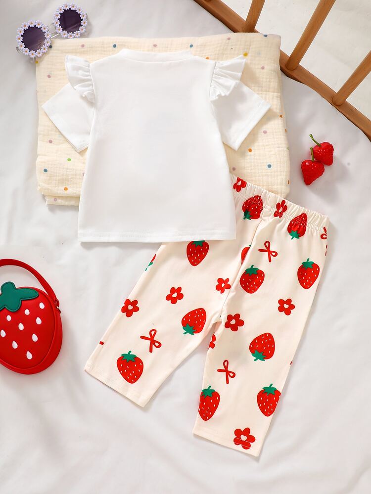 SHEIN Bộ quần áo mùa hè cho bé gái sơ sinh 0-9M họa tiết dâu tây, áo thun cổ tròn tay ngắn trắng đỏ và quần, quần áo gia đình đồng bộ họa tiết trái cây dễ thương - trắng - Xem 2