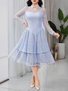 Feyla Women's V-Neck Long Sleeve Ruffle Hem Elegant Lace Mid-Length Dress - Baby Blue - View 5