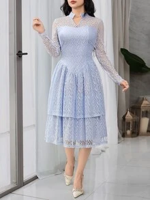 Feyla Women's V-Neck Long Sleeve Ruffle Hem Elegant Lace Mid-Length Dress - Baby Blue - View 4