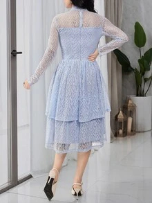 Feyla Women's V-Neck Long Sleeve Ruffle Hem Elegant Lace Mid-Length Dress - Baby Blue - View 3