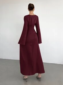 Siren Gaze 女士纯色扭结前襟金属扣装饰喇叭袖连衣裙，女士婚礼宾客礼服，女士正式礼服 - 酒紅色 - 查看 2