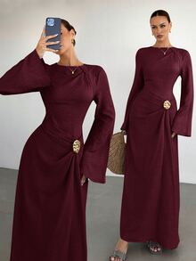 Siren Gaze 女士纯色扭结前襟金属扣装饰喇叭袖连衣裙，女士婚礼宾客礼服，女士正式礼服 - 酒紅色 - 查看 4