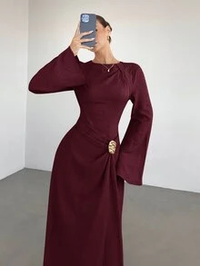 Siren Gaze 女士纯色扭结前襟金属扣装饰喇叭袖连衣裙，女士婚礼宾客礼服，女士正式礼服 - 酒紅色 - 查看 5