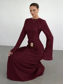Siren Gaze 女士纯色扭结前襟金属扣装饰喇叭袖连衣裙，女士婚礼宾客礼服，女士正式礼服 - 酒紅色 - 查看 3