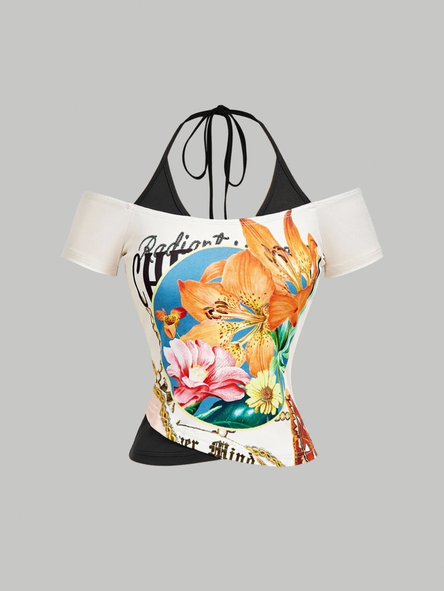 SHEIN MOD Retro Print Contrast Color Vacation Style T-Shirt,Summer Top Graphic Tops For Women Cute Floral Women's Off White - Black - View 1