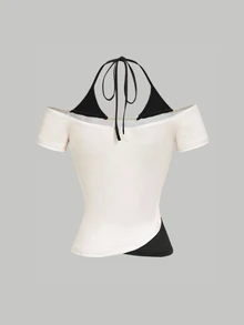 SHEIN MOD Retro Print Contrast Color Vacation Style T-Shirt,Summer Top Graphic Tops For Women Cute Floral Women's Off White - Black - View 2
