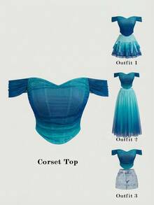 SHEIN MOD Off Shoulder Fish Bone Decoration Ruched Waist White Corset Structure Crop Top,Summer Ombre Mesh Blue Green Off-Shoulder - Mint Blue - View 1