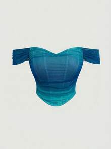 SHEIN MOD Off Shoulder Fish Bone Decoration Ruched Waist White Corset Structure Crop Top,Summer Ombre Mesh Blue Green Off-Shoulder - Mint Blue - View 5