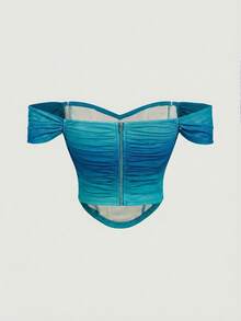SHEIN MOD Off Shoulder Fish Bone Decoration Ruched Waist White Corset Structure Crop Top,Summer Ombre Mesh Blue Green Off-Shoulder - Mint Blue - View 2
