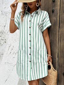 Easowa Cotton Striped Shirt Dress For Women Button Down Summer Casual With Pocket Short Sleeve - Green - View 6