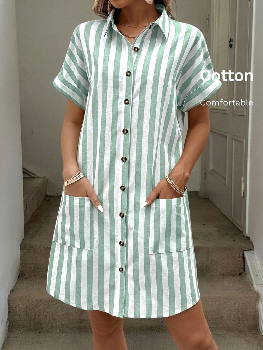 Easowa Cotton Striped Shirt Dress For Women Button Down Summer Casual With Pocket Short Sleeve - Green - View 1