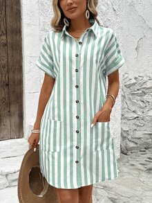 Easowa Cotton Striped Shirt Dress For Women Button Down Summer Casual With Pocket Short Sleeve - Green - View 5