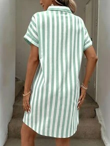 Easowa Cotton Striped Shirt Dress For Women Button Down Summer Casual With Pocket Short Sleeve - Green - View 2