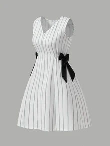Tween Girl Striped Print V-Neck Textured Fabric Sleeveless Fitted Dress - White - View 1
