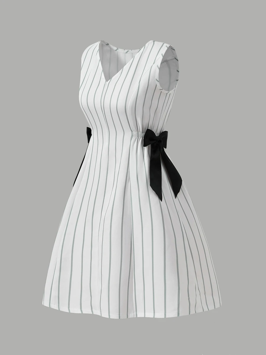 Tween Girl Striped Print V-Neck Textured Fabric Sleeveless Fitted Dress - White - View 1