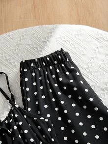 Tween Girls 2pcs/Set Black And White Polka Dot Print Ruffle Hem Camisole Pants Set Summer Cute 80s Outfit Holiday Matching Family Vacation Cool Girl - Black - View 7