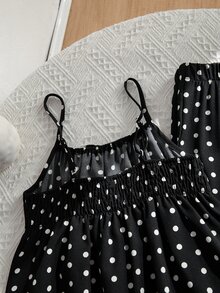 Tween Girls 2pcs/Set Black And White Polka Dot Print Ruffle Hem Camisole Pants Set Summer Cute 80s Outfit Holiday Matching Family Vacation Cool Girl - Black - View 5