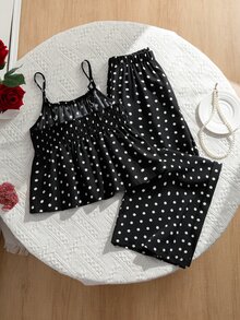 Tween Girls 2pcs/Set Black And White Polka Dot Print Ruffle Hem Camisole Pants Set Summer Cute 80s Outfit Holiday Matching Family Vacation Cool Girl - Black - View 3