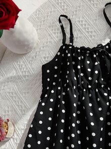 Tween Girls 2pcs/Set Black And White Polka Dot Print Ruffle Hem Camisole Pants Set Summer Cute 80s Outfit Holiday Matching Family Vacation Cool Girl - Black - View 10