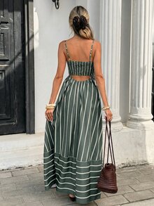 Serisse Women's Striped Ruffle Hem Casual Spaghetti Strap Dress,Summer Dresses For Women - Green - View 2